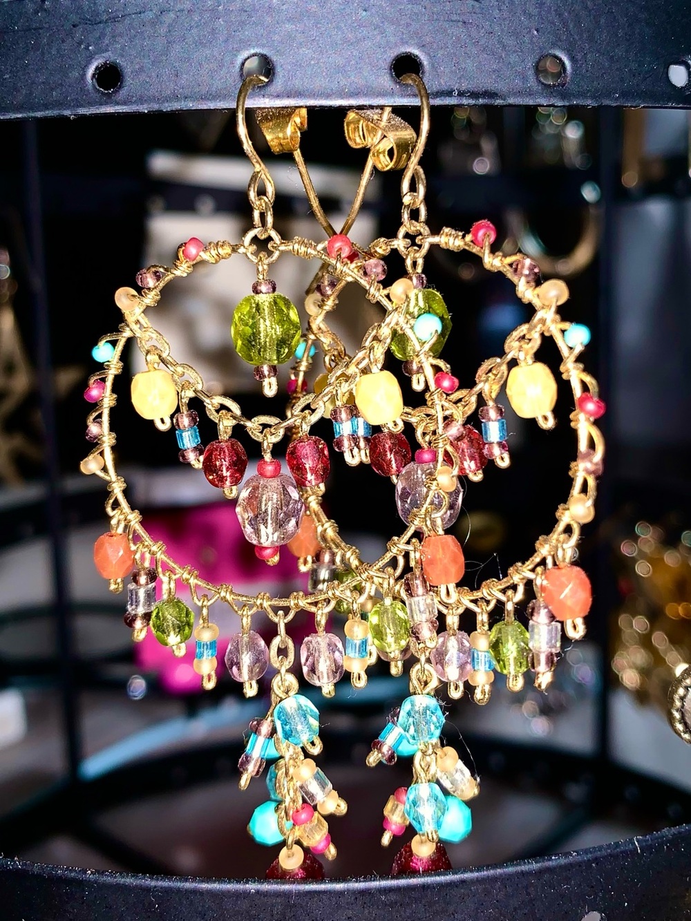 Beautiful Boho pierced dangling earrings gold tone
